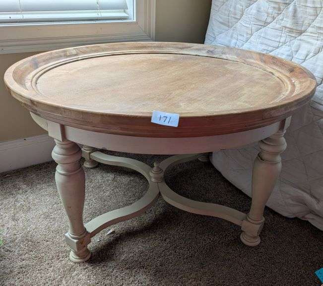 Pier 1 wood round top coffee table, made in Vietnam, 33" diameter 19" tall(located in DS front bedro
