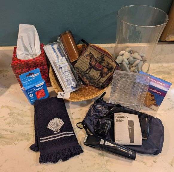 Equestrian tapestry make up bag, Philips Norelco all in 1 grooming system, misc. bath supplies(maste
