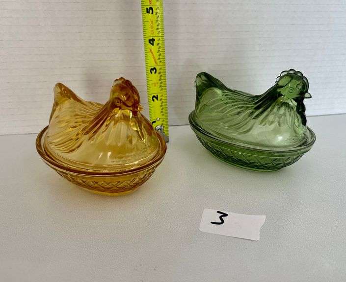 2pc Yellow & Green Glass Chickens on Nests (Located in Bedroom to the Left)