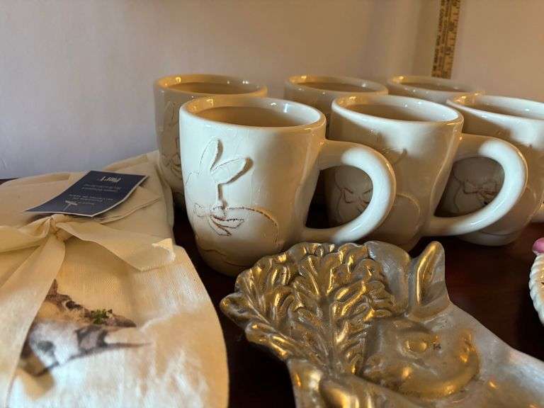 17 pc Easter lot, plates, platters, mugs, egg trays, etc. Stand not included (located in ds back roo