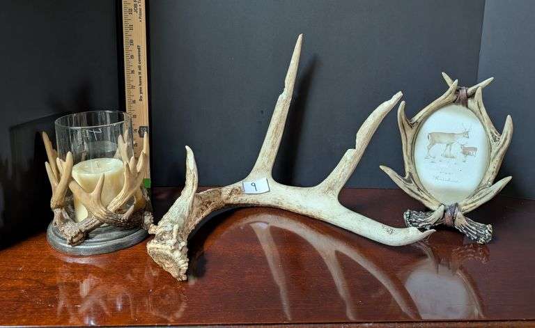 3 pc., 4 point deer antlers, candleholder, and frame(located in dining room)