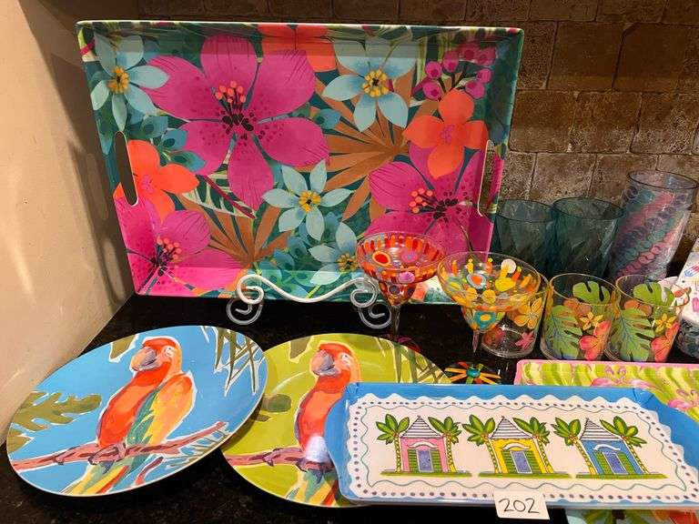 Tropical Summer drinkware, serving dishes, and napkins (located in kitchen)