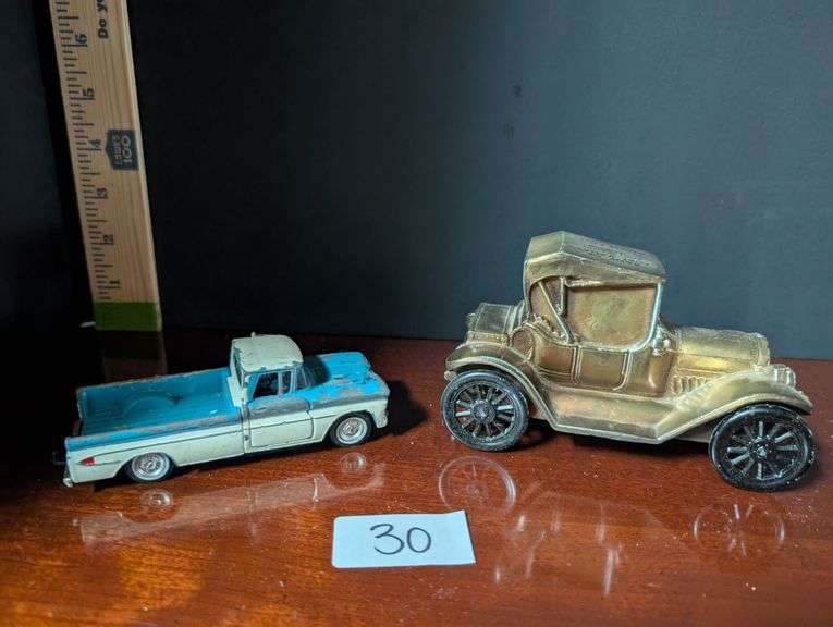 2 pc. Miniature cars, Chevrolet pickup truck and Chevy Roadster bank(located in dining room)