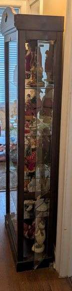 Lighted 5 Shelf wood glass cabinet with side doors 26"x30"x75" tall, contents not included (located 