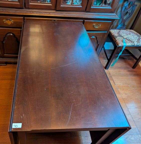 Drop leaf table, 73.5"x46"x30.5" tall, scratches on table (located in dining room)