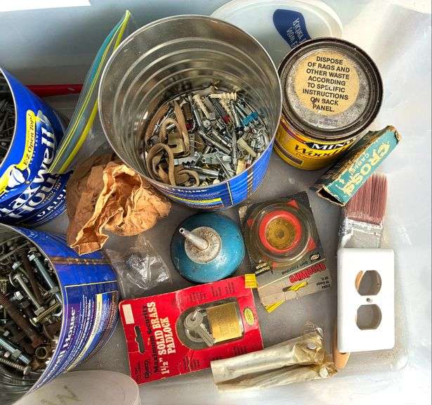 Plastic tote of Hardware and More (Located Garage)