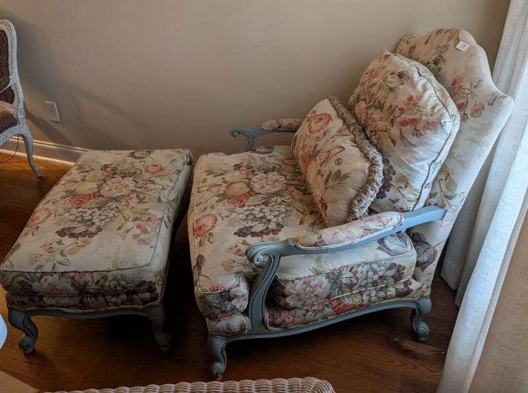 Vintage floral armchair 34"x38"x40"tall, with matching ottoman,34"x22"x16"tall(located in living roo