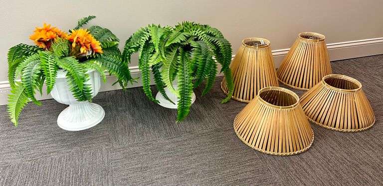 6pc Plastic Planters with Artificial Plants and Hanging Shades