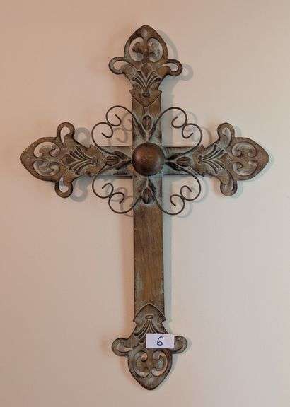 Vintage decorative scrollwork metal cross, 17"x24"tall (located near front door)