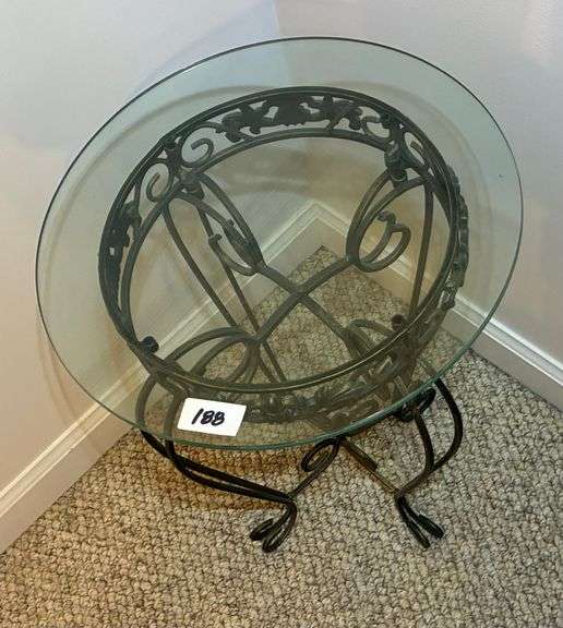 Metal Side Table with Glass Top, 19 3/4” Tall, Glass Top 15” Diameter (Located Formal Dinning Room)