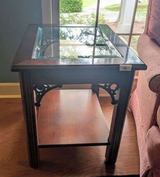 Vintage beveled glass top side table, 21"x 26"x 24"tall(located in living room)