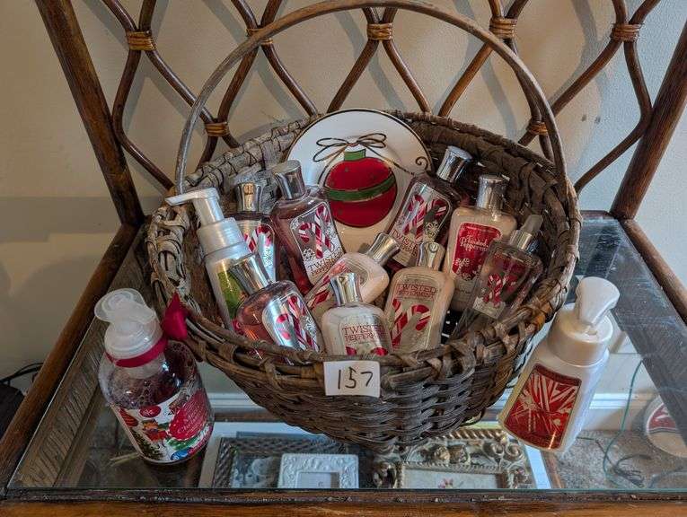 Basket of Pier 1 holiday plate and twisted peppermint lotion, shower gel, fragrance and more(ds back