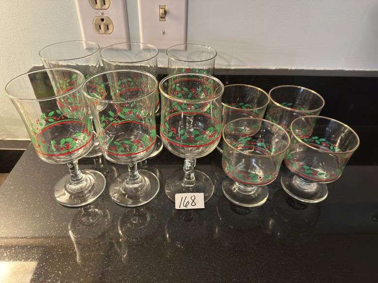 Vintage Holly and Berries goblets and sherbet dishes (located in kitchen)