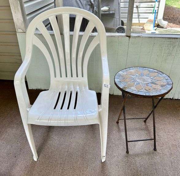 2pc Plastic Chair with Plant Stand (Has Lots of Rust) (Located in Back Patio)