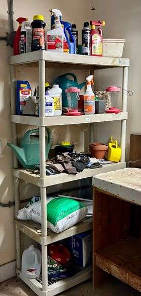 5 Shelf Lot of Gardening Items, Clay Pots, Water Pitchers and More (Shelving Unit Not Included) (Loc