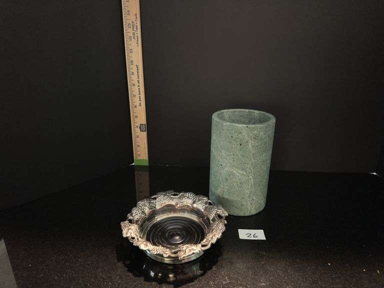 2pc Vintage silver plate wine coaster and marble wine cooler (located in dining room)