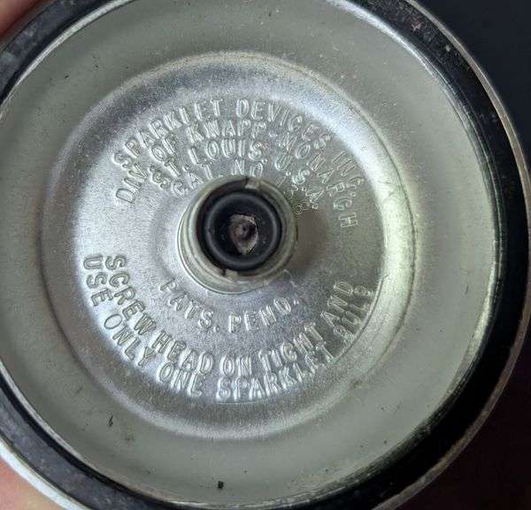 3 Vintage pcs. Sprinkler, Sparklet metal seltzer bottle, paperweight lunchbox(Located in ds back bed