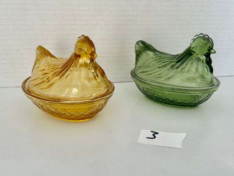 2pc Yellow & Green Glass Chickens on Nests (Located in Bedroom to the Left)