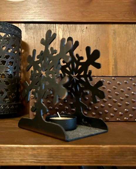 Shelf Lot of Candle Holders and Hurricane Glass (Located in Bedroom to the Right)