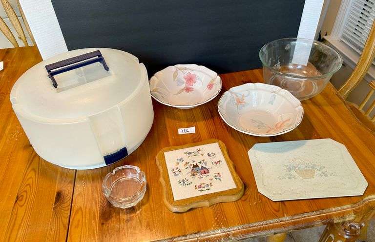 7pc Cake Carrier, Glass Ash Tray and More (Located in Kitchen)