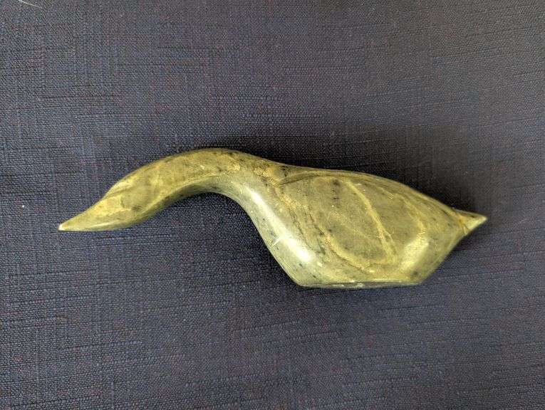 4pc. Decorative shelf, 24"x4"tall with 3 signed green stone carving of seals, tallest seal 3.5"tall(