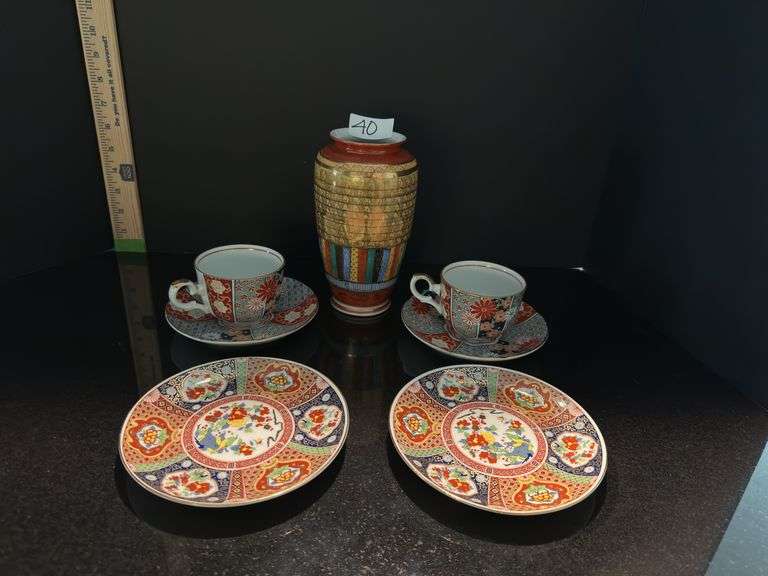 Japanese vase, pair tea cups & saucers, pair pastry plates (located in dining room)