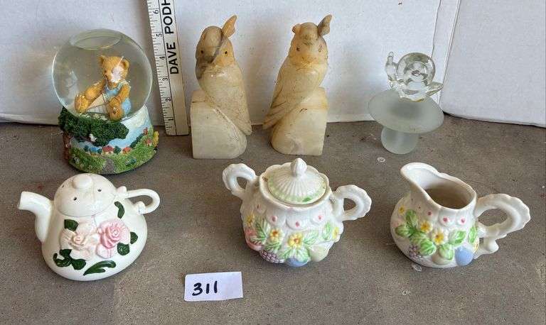 7 pc Glitter Globe, Stone Owls, Mini Teapot (Has Cracks)