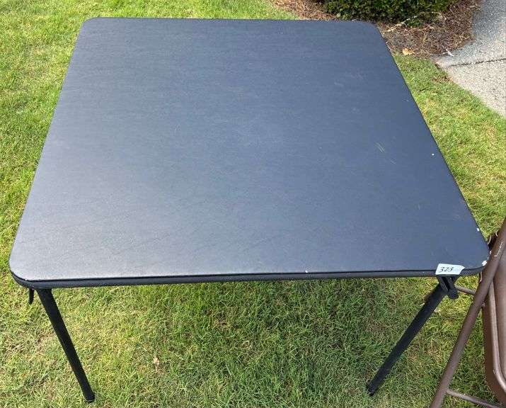 Black Folding Table, 33 5/8”X33 5/8”X27 7/8” (Some Wear) and Brown Folding Chair, 33 5/8” Tall (Smal