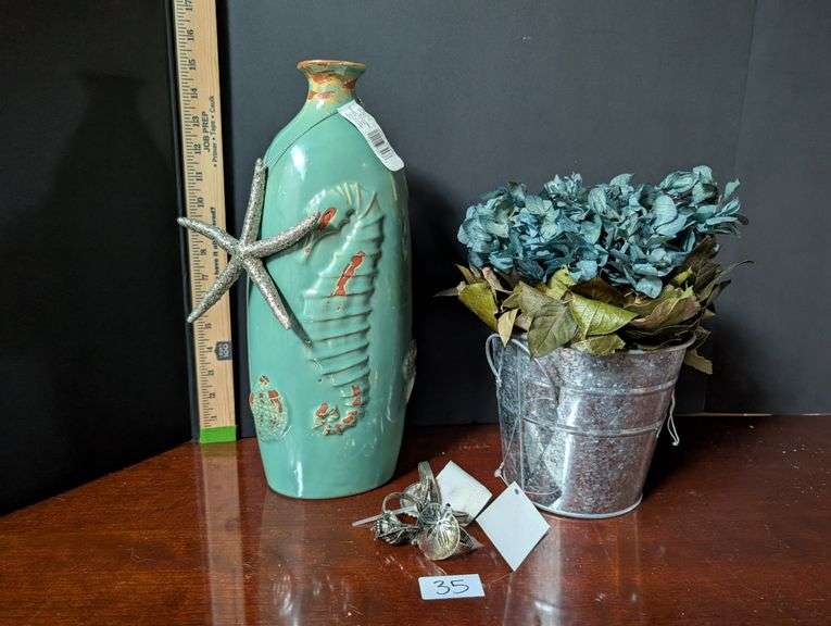 Coastal decor, napkin holders, vase, metal pail with artificial foliage(ds back bedroom)
