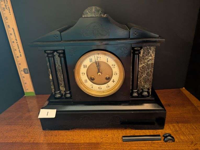 Victorian mantle clock, no key, 2 trim pieces need to be reattached, heavy(located in living room)