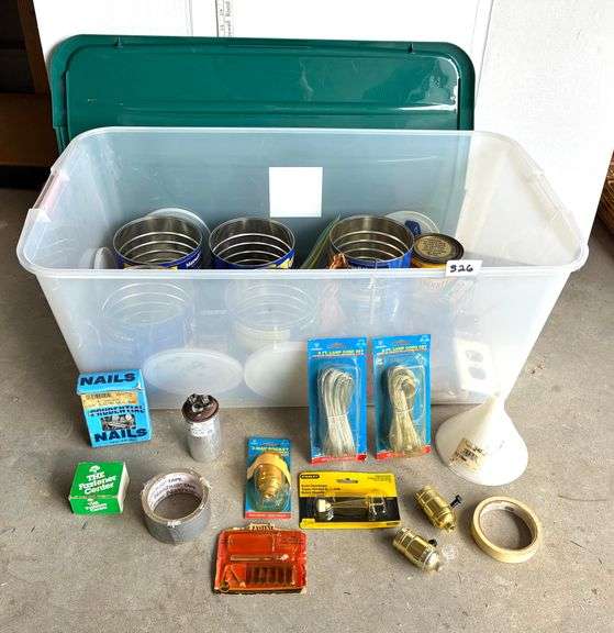 Plastic tote of Hardware and More (Located Garage)