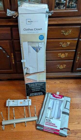 3 pc. Mainstays Clothes Closet, over the door rack, and hanging wardrobe(located in ds back bedroom)
