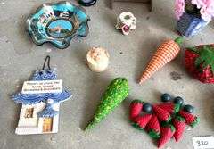 Crochet Angels, Glass Basket, Gabric Fruits and Vegetables and More (Located Garage)