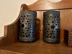 Shelf Lot of Candle Holders and Hurricane Glass (Located in Bedroom to the Right)