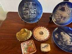 5 pc Blue Dated Christmas Dishes, and 4 pc Trinket Dishes, Stands Not Included (Located in ds Back B