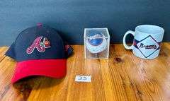 3pc Atlanta Braves Hat, Baseball (Signed by Chipper Jones) and Cup (Located in Kitchen)