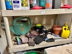 5 Shelf Lot of Gardening Items, Clay Pots, Water Pitchers and More (Shelving Unit Not Included) (Loc