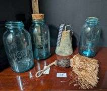 5 pc. Vintage Bell, and 3:Mason Ball Jars, and tassel (located in dining room)