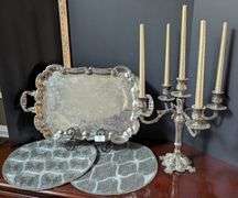4 pc. Footed tray, candleabra with candles, and beaded place mats, stand not included (located in di