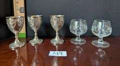 5 pc. Vintage cordial goblets and etched glass brandy snifters(located in dining room)