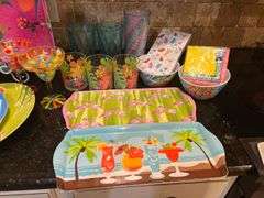 Tropical Summer drinkware, serving dishes, and napkins (located in kitchen)