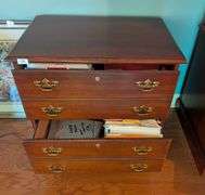 Wood 2 drawer filing cabinet, 32.5"x21"x31.5"tall, no key, contents not included(located in living r