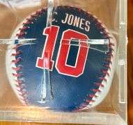 3pc Atlanta Braves Hat, Baseball (Signed by Chipper Jones) and Cup (Located in Kitchen)