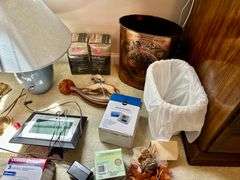 Misc Lot with Suitcases,Lamp, Blood Pressure Monitors and More (Located in Bedroom to the Right)