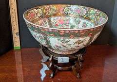 Large footed vintage Oriental bowl, 14" diameter with rosewood stand(located in dining room)