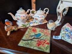 8+ pc.Vintage distressed white foot stool, teapots, and more (located in ds back bedroom)