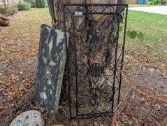 7 pc. Yard decor-cement slab top, black metal panel, and more(located front of house)