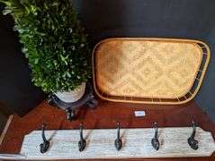 4 pc. Artificial Topiary plant, wood stand, Rattan tray, and coat hanger(located near front door)