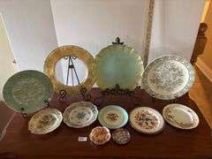 11 pc Misc Decorative Plates, Stands not Included, Crack on Small Plate (Located in ds back room)