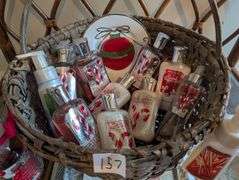 Basket of Pier 1 holiday plate and twisted peppermint lotion, shower gel, fragrance and more(ds back